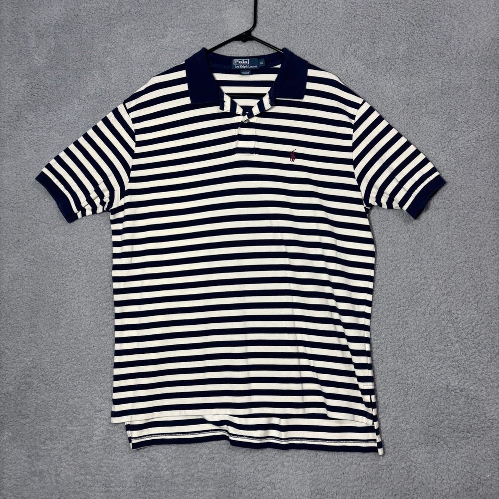 Polo Ralph Lauren Mens XL Striped Short Sleeve Polo Shirt Navy White Cotton
